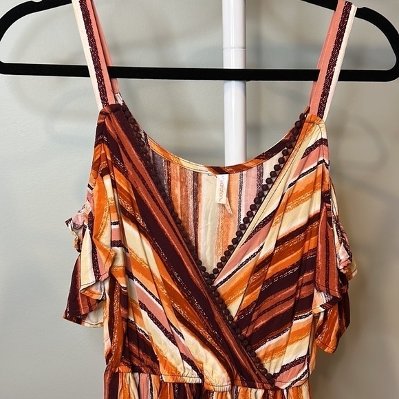 Women’s XHILARATION Romper Striped Cold Shoulder with Pom-Pom Trim & Pockets - Picture 2 of 9